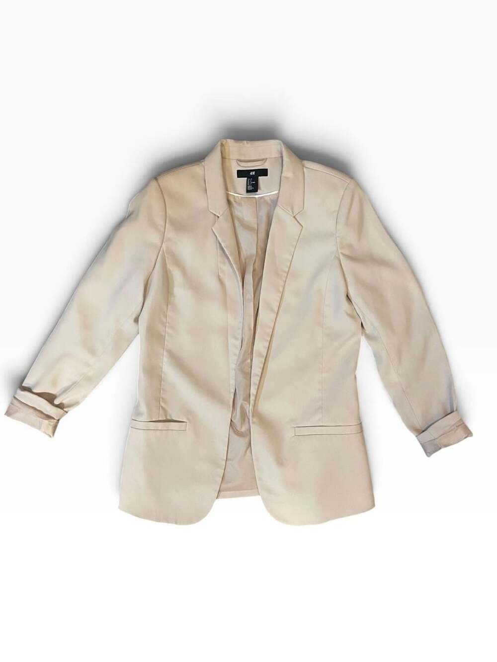 H&M Fitted Blazer Size 8 Beige Open Front Ruched Sleeve